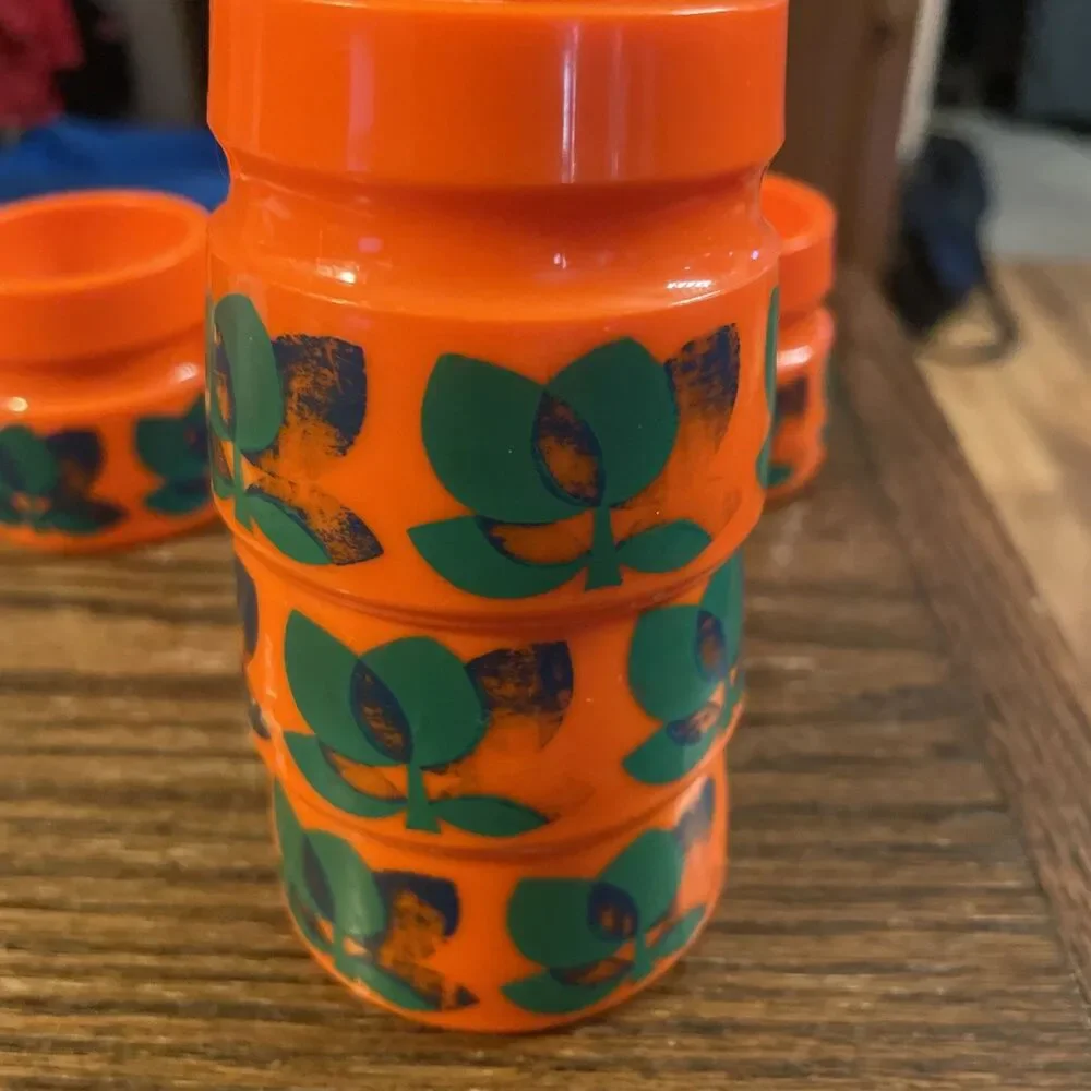6 Vintage Plastic Egg Cups Mid Century Bright Orange Groovy Floral